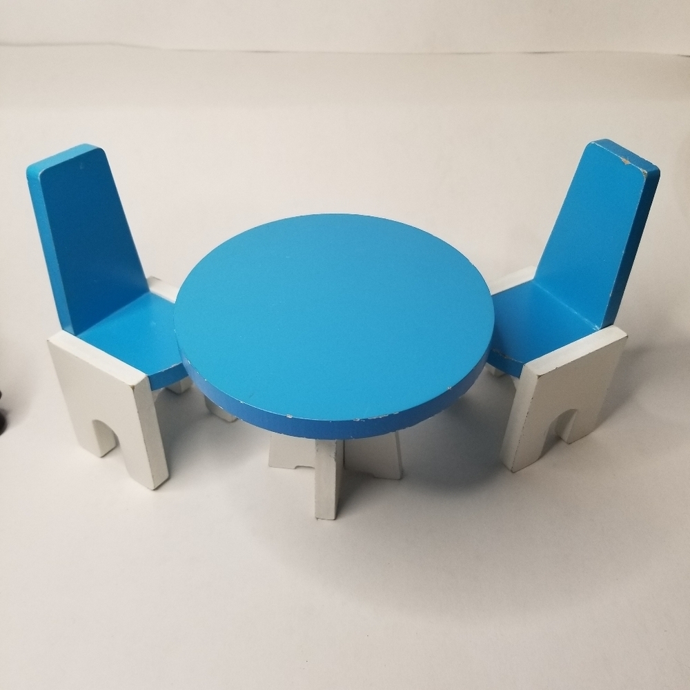 Blue & White Wooden Table & Chairs Doll House Furniture Good Used Condition